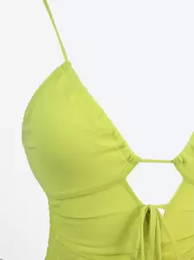 SHEIN Unity 素色褶邊高衩繞頸露背緊身連衣裙 - 青檸色 - 查看 6