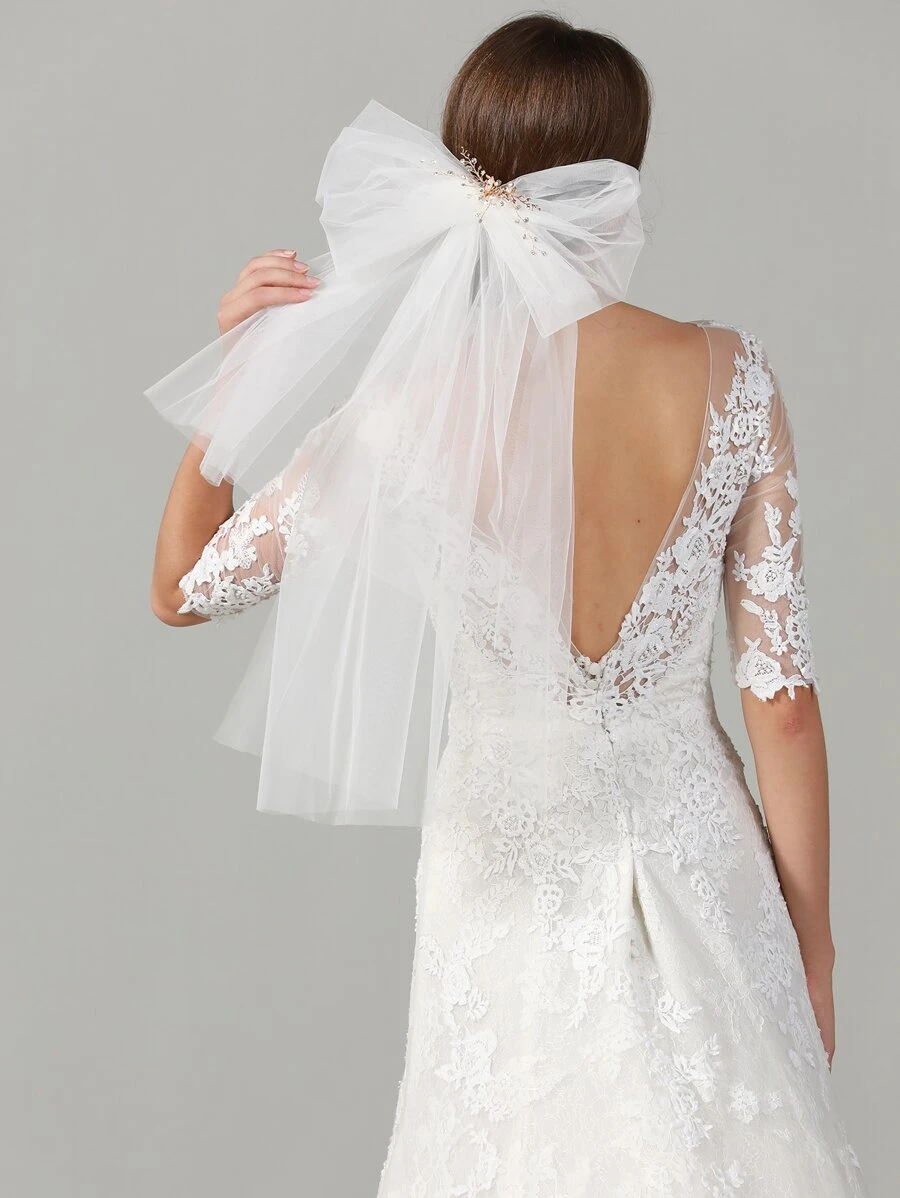 Bow & Rhinestone Decor Bridal Veil Fall Clothes For Women - White - View 1