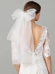 Bow & Rhinestone Decor Bridal Veil Fall Clothes For Women - White - View 2