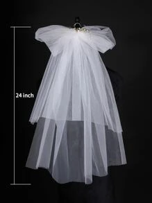 Bow & Rhinestone Decor Bridal Veil Fall Clothes For Women - White - View 3
