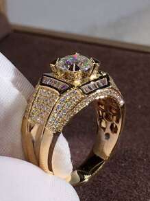 男士水鑽裝飾戒指銅龐克嘻哈風格,適用於首飾類禮品和派對 - 金黃色 - 查看 1