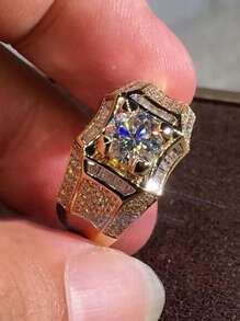 男士水鑽裝飾戒指銅龐克嘻哈風格,適用於首飾類禮品和派對 - 金黃色 - 查看 5