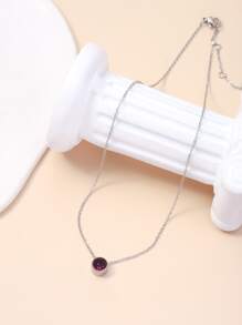 Rhinestone Decor Round Charm Necklace - Silver - View 2