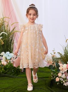 SHEIN Toddler Girls Floral Embroidery Ruffle Trim Mesh Dress