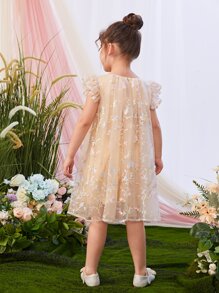 SHEIN Toddler Girls Floral Embroidery Ruffle Trim Mesh Dress