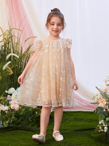 SHEIN Toddler Girls Floral Embroidery Ruffle Trim Mesh Dress