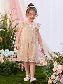SHEIN Toddler Girls Floral Embroidery Ruffle Trim Mesh Dress