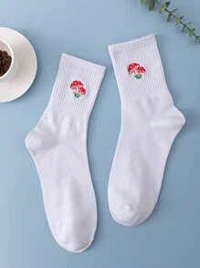 1雙女式蘑菇刺繡休閒圓襪適合日常生活 - 白色 - 查看 1