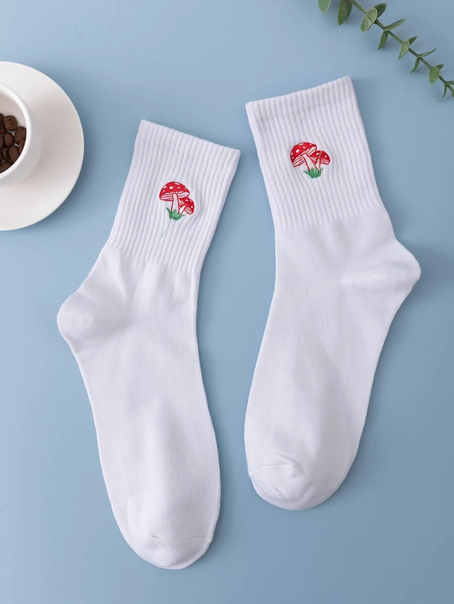 1雙女式蘑菇刺繡休閒圓襪適合日常生活 - 白色 - 查看 1