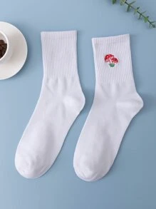 1雙女式蘑菇刺繡休閒圓襪適合日常生活 - 白色 - 查看 2
