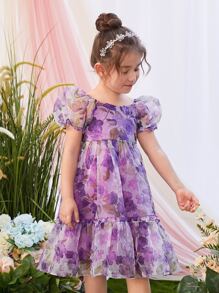 少女花朵印花泡泡袖荷葉邊連衣裙