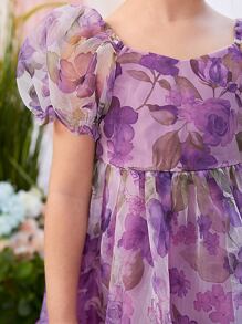 少女花朵印花泡泡袖荷葉邊連衣裙