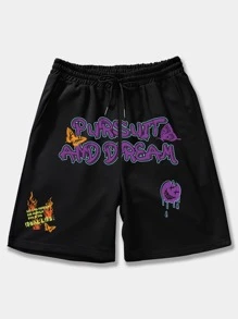 ROMWE MEN Hombres Shorts con estampado de letra de cintura con cordón - Negro - Ver 1