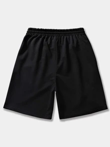 ROMWE MEN Hombres Shorts con estampado de letra de cintura con cordón - Negro - Ver 2