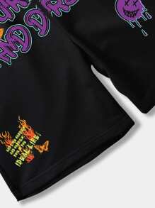 ROMWE MEN Hombres Shorts con estampado de letra de cintura con cordón - Negro - Ver 4
