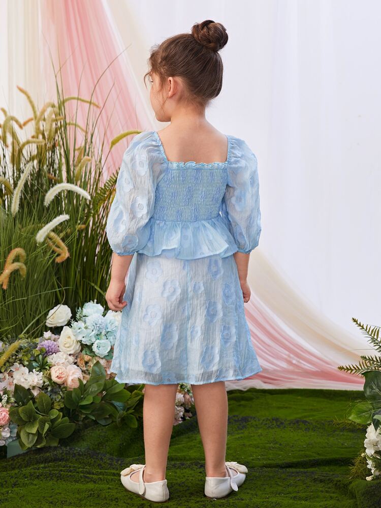 Toddler Girls Jacquard Puff Sleeve Peplum Top & Skirt