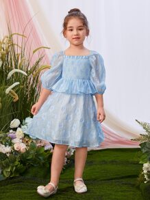 SHEIN 小女童提花泡泡袖花邊下擺上衣和半身裙 - 淺藍色 - 查看 3