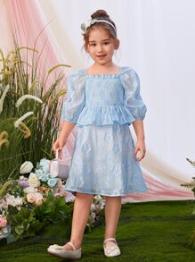 SHEIN 小女童提花泡泡袖花邊下擺上衣和半身裙 - 淺藍色 - 查看 4