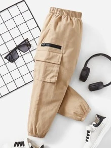 SHEIN Quần bé trai Túi Dây kéo màu trơn Giải trí - Màu Khaki - Xem 1