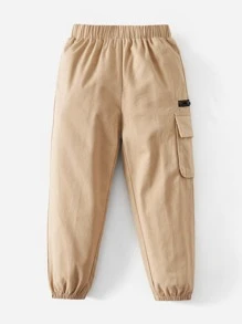 SHEIN Quần bé trai Túi Dây kéo màu trơn Giải trí - Màu Khaki - Xem 2