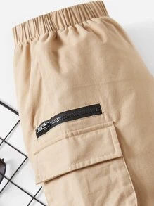 SHEIN Quần bé trai Túi Dây kéo màu trơn Giải trí - Màu Khaki - Xem 7