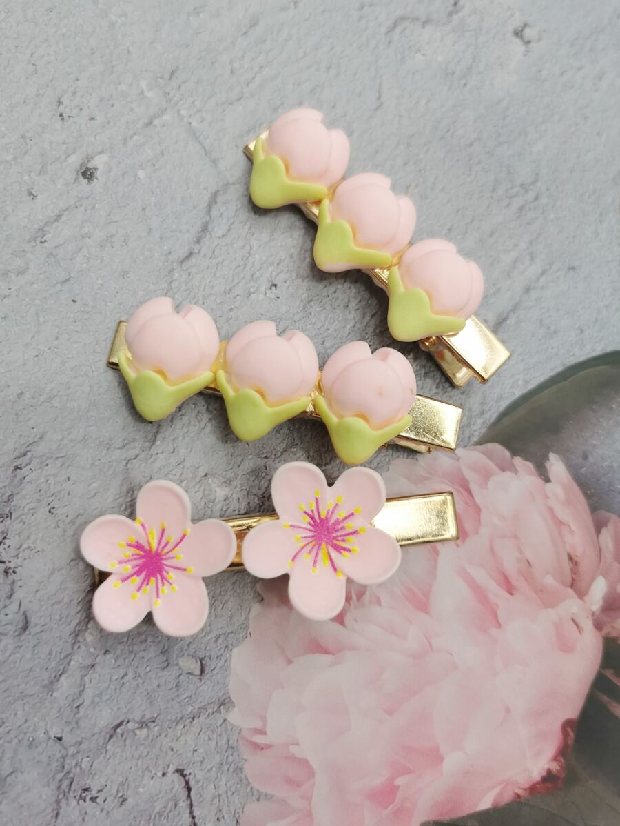 3pcs Flower Decor Alligator Hair Clip - Baby Pink - View 1