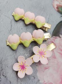 3pcs Flower Decor Alligator Hair Clip - Baby Pink - View 3