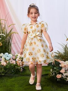 SHEIN Leap Crew 小女童印花泡泡袖腰帶歐根紗覆蓋洋裝