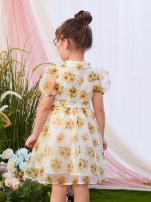 SHEIN Leap Crew 小女童印花泡泡袖腰帶歐根紗覆蓋洋裝