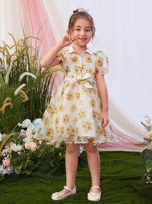 SHEIN Leap Crew 小女童印花泡泡袖腰帶歐根紗覆蓋洋裝