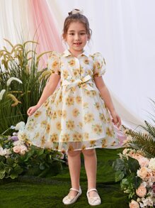 SHEIN Leap Crew 小女童印花泡泡袖腰帶歐根紗覆蓋洋裝