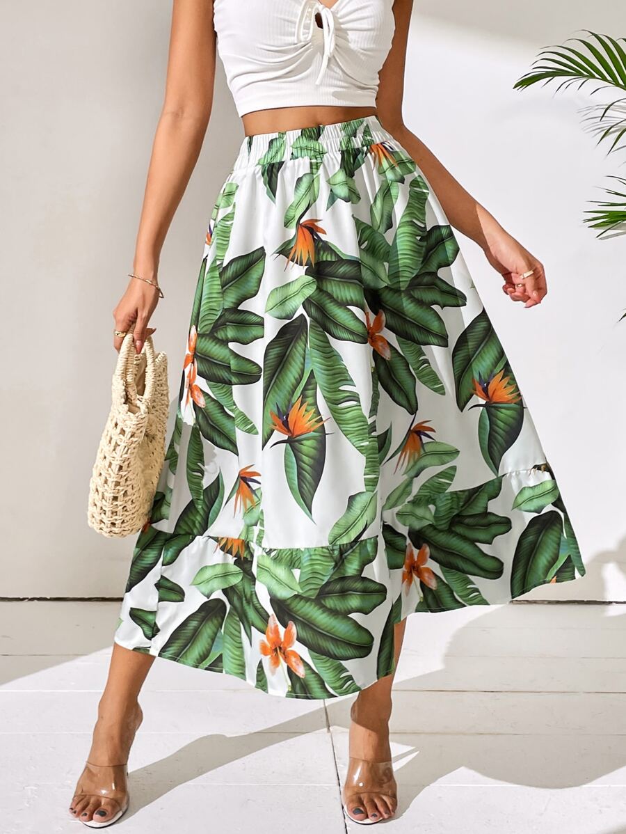 SHEIN VCAY Tropical Print Elastic Waist Skirt - White - View 1