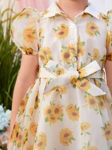 SHEIN Leap Crew 小女童印花泡泡袖腰帶歐根紗覆蓋洋裝