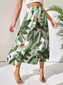 SHEIN VCAY Tropical Print Elastic Waist Skirt - White - View 3