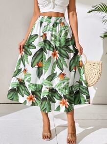 SHEIN VCAY Tropical Print Elastic Waist Skirt - White - View 4