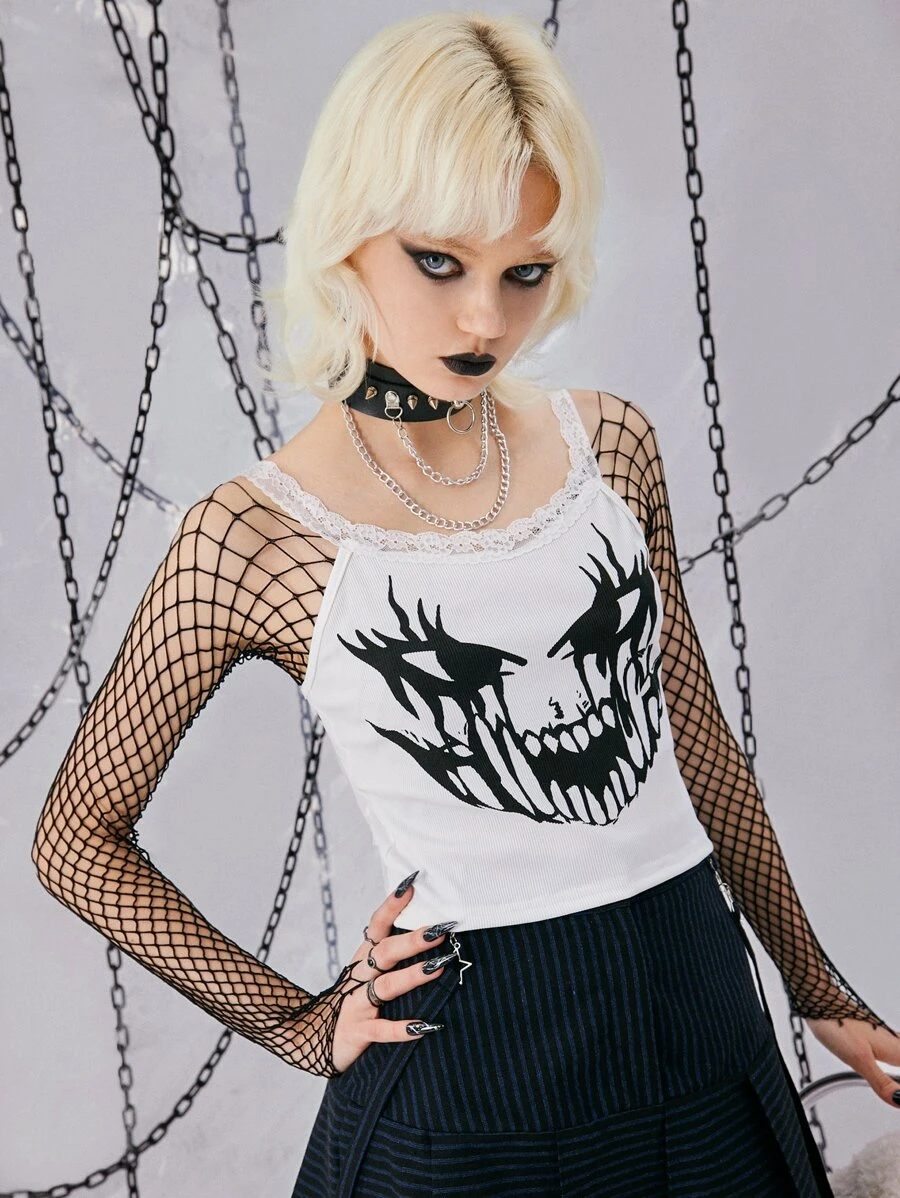 ROMWE Grunge Punk Skull Print Contrast Lace Cami Top - White - View 1