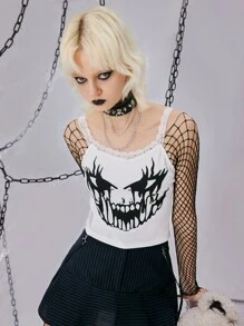 ROMWE Grunge Punk Skull Print Contrast Lace Cami Top - White - View 2