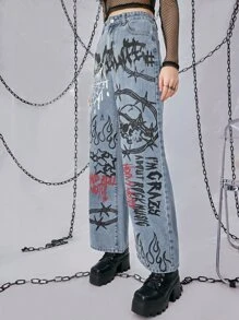 ROMWE Grunge Punk Letter Graphic Wide Leg Jeans - Blue - View 2