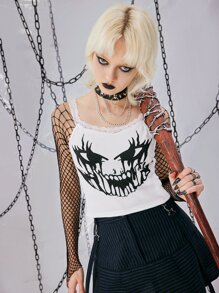 ROMWE Grunge Punk Skull Print Contrast Lace Cami Top - White - View 3