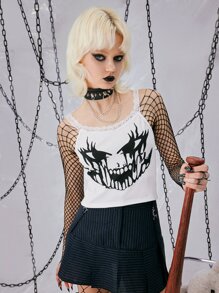 ROMWE Grunge Punk Skull Print Contrast Lace Cami Top - White - View 4