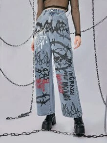 ROMWE Grunge Punk Letter Graphic Wide Leg Jeans - Blue - View 3