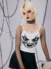 ROMWE Grunge Punk Skull Print Contrast Lace Cami Top - White - View 5