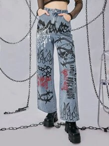ROMWE Grunge Punk Letter Graphic Wide Leg Jeans - Blue - View 4