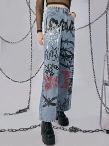 ROMWE Grunge Punk Letter Graphic Wide Leg Jeans - Blue - View 5