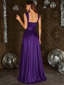 Belted Maxi Satin Prom Bridesmaid Dress - Violet Purple - View 2
