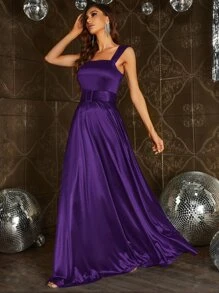 Belted Maxi Satin Prom Bridesmaid Dress - Violet Purple - View 3