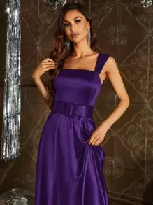 Belted Maxi Satin Prom Bridesmaid Dress - Violet Purple - View 4