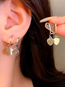 1對雙心吊墜不鏽鋼女耳環,適合商務使用