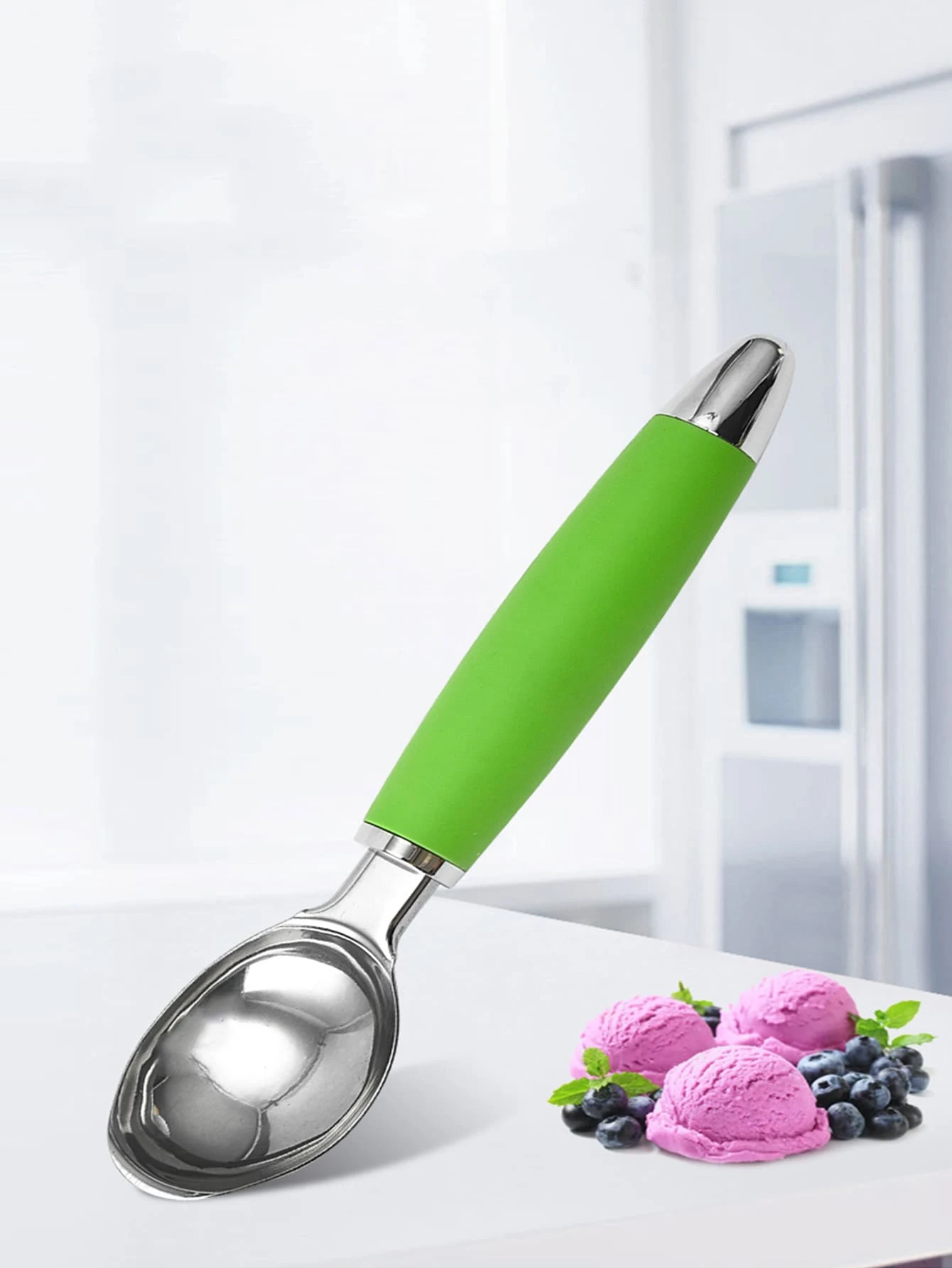 1pc Green Ice Cream Scoop, Stainless Steel Watermelon Fruit Ball Spoon, Ice Cream Ball Scooper - Green - View 1