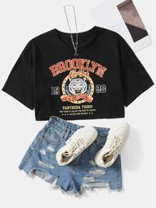 SHEIN EZwear Áo thun nữ Thú vật Lá thư Giải trí - màu đen - Xem 1